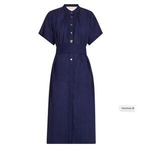 NWT VANESSA BRUNO Ezola Cotton Poplin Midi Shirt Dress Navy Blue Size XS